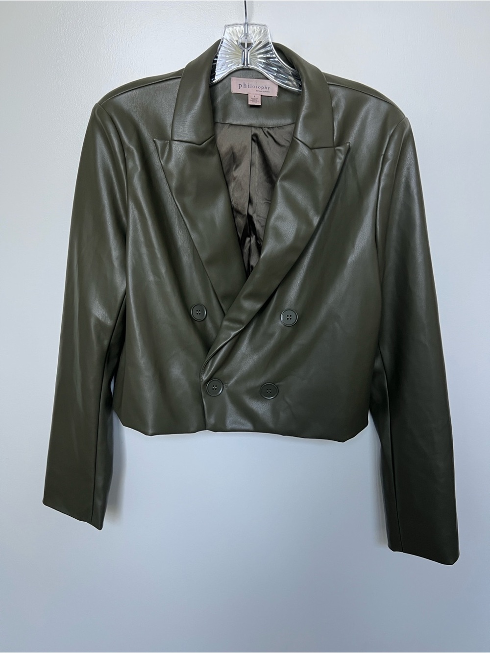 Philosophy Olive Faux Leather Cropped Double-Breasted Blazer